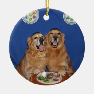 Den guld- Retrieverpåskhögtiden Seder pläterar Julgransprydnad Keramik