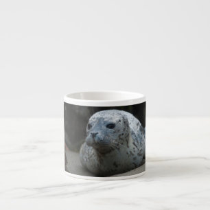 Den gulliga babyhamnen Seal tittar upp på strand Espressomugg
