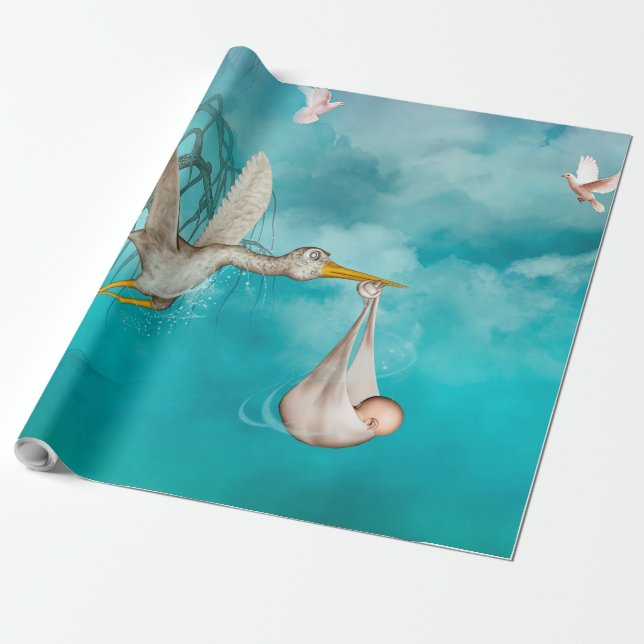 Den gulliga bebiset är kommande med storken presentpapper (Utrullad)
