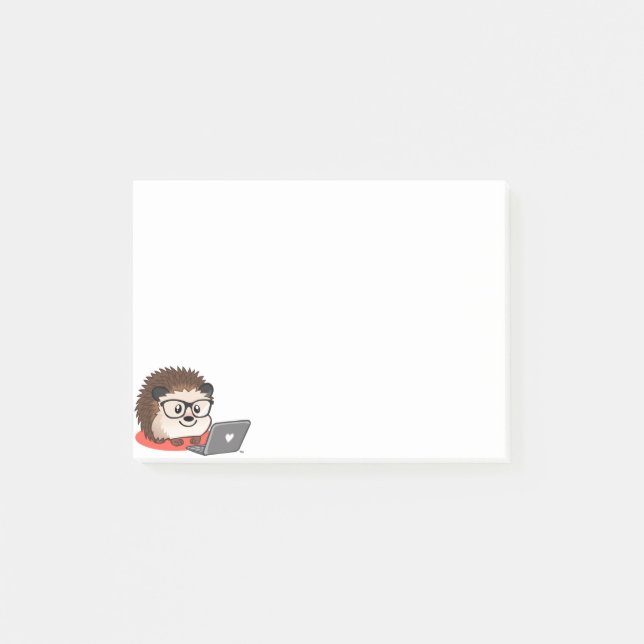 Den gulliga Geeky Nerdy igelkotten på en bärbar Post-it Block (Framsida)