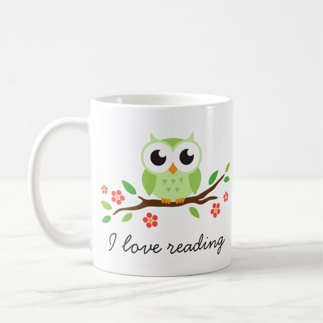 Den gulliga gröna ugglan på blom- gren älskar jag kaffemugg (Vänster)