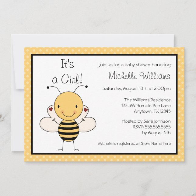Den gulliga humlapolkaen pricker baby shower inbjudningar (Framsida)
