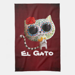 Den gulliga katten för day of the dead kökshandduk