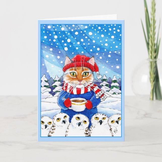 Den gulliga katten och den snöig ugglajulen helgkort (Framsida)