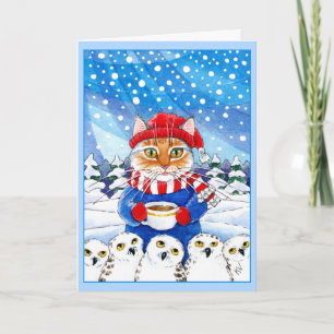 Den gulliga katten och den snöig ugglajulen helgkort