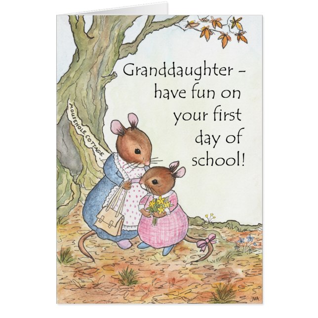 Den gulliga musen har roligt nytt att skola hälsningskort (Framsidan)