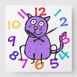 Den gulliga purpurfärgade kattdesignen tar tid på fyrkantig klocka