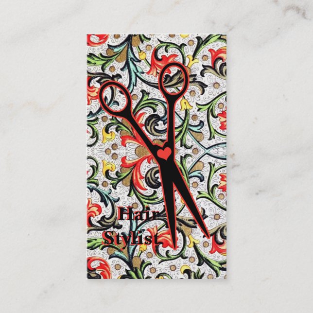 den gulliga retro vintageblommigten scissors visitkort (Framsida)