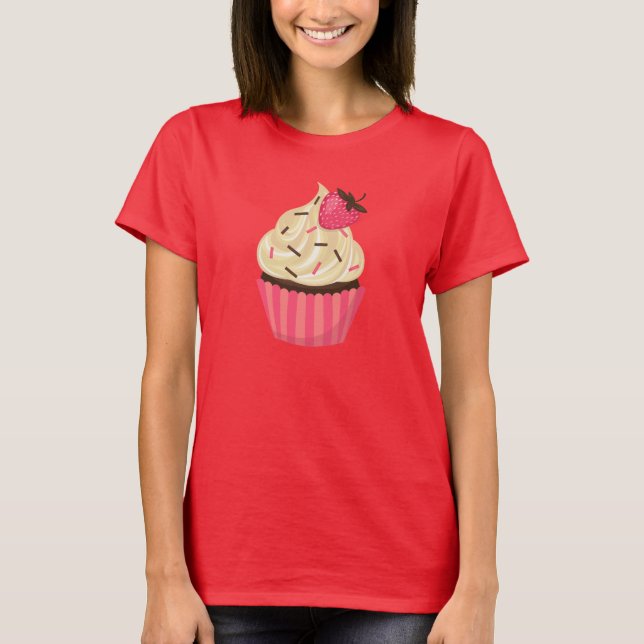 Den gulliga rosan strilar jordgubbemuffin tee shirt (Framsida)