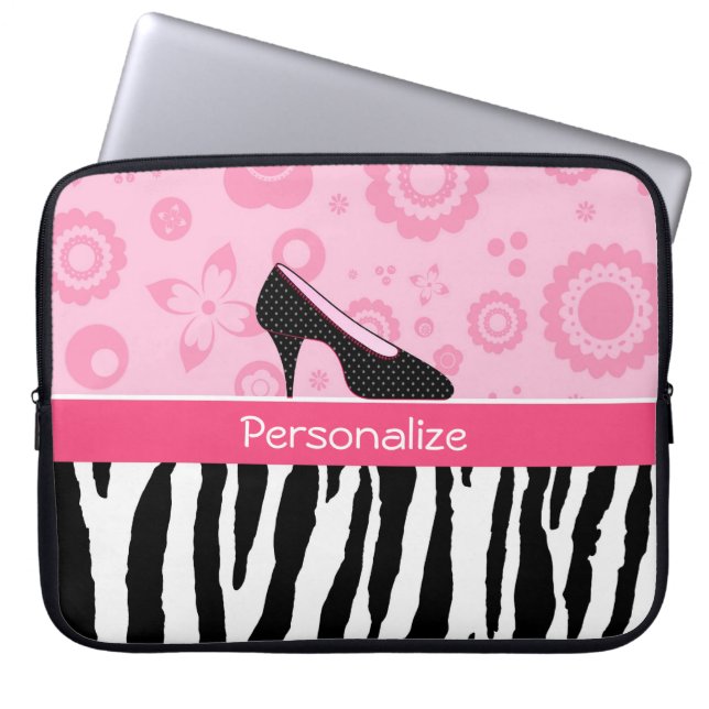 Den gulliga rosasvarten skor den moderiktiga zebra laptop sleeve (Framsidan)