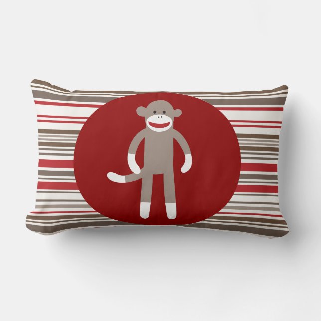 Den gulliga sock monkey på rött cirklar röda bruna lumbarkudde (Framsida)