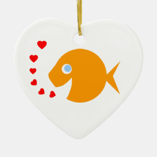 Den gulliga tecknadguldfisken med blått synar julgransprydnad keramik