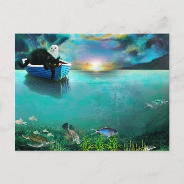 Den gulliga ugglan och kisset gick till havet vykort (Framsida)