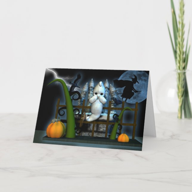 Den Halloween spökehäxan tjaller och kråkor, Kort (Framsida)