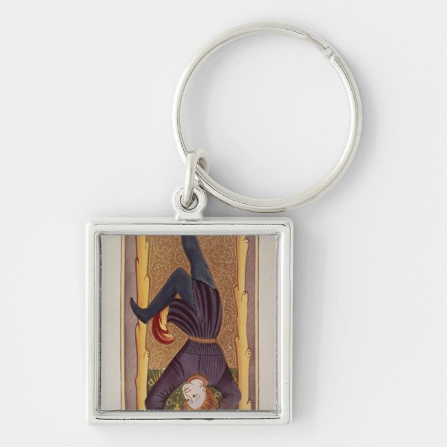 Den hängda manen, tarotkort, fransk fyrkantig silverfärgad nyckelring (Framsidan)
