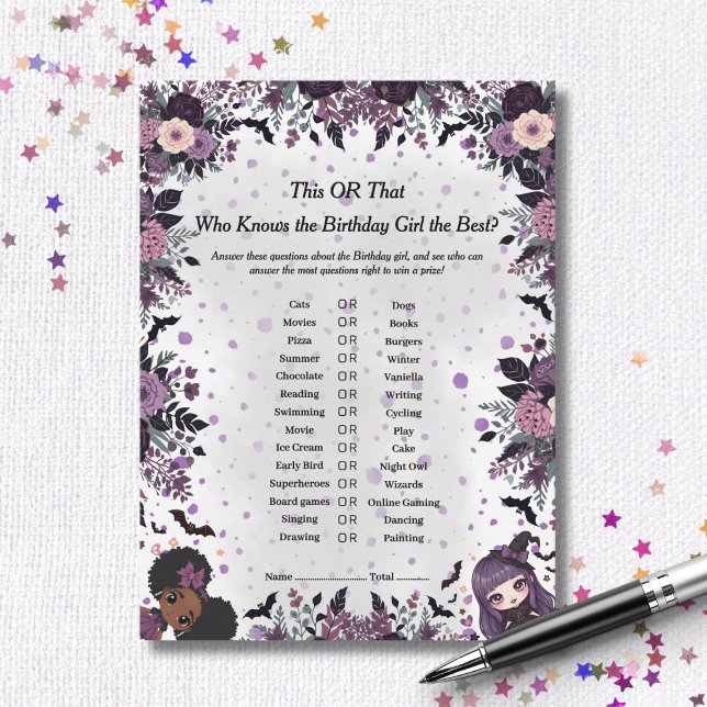 Den här eller den där jokertecknet julkort (Spooky Gothic Birthday girl This or That Game card)