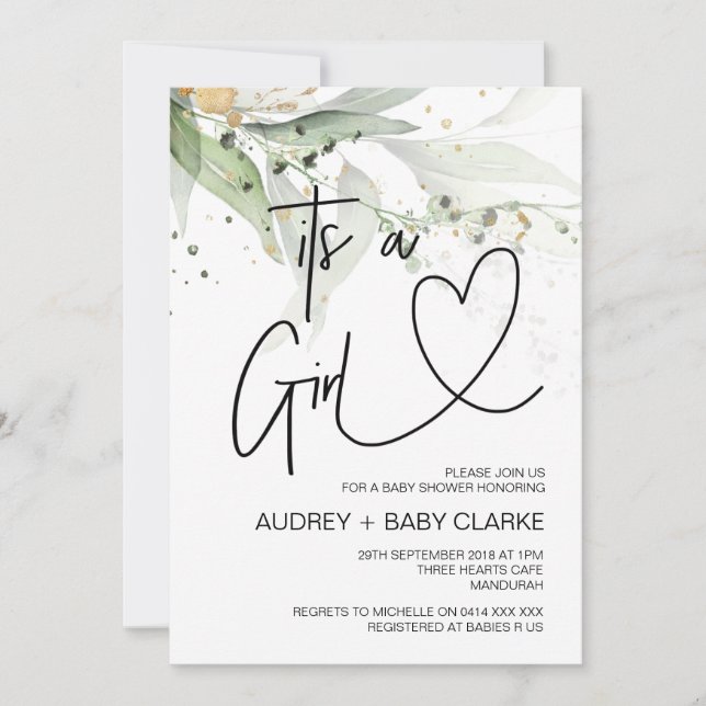 Den har en liten babyskåda i Party Eucalyptus Baby Inbjudningar (Framsida)