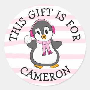 Den här gåvan är till Namn bricka Rosa Penguin jul Runt Klistermärke