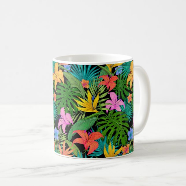 Den hawaiiska tropiska Blommigten Handflatan Löv Kaffemugg (Framsida höger)