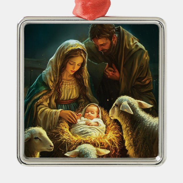 Den heliga familjen julkrubba  julgransprydnad metall (Framsidan)