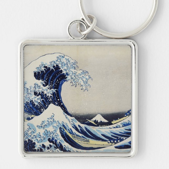 Den Hokusai underbaren vinkar tryckmålning Fyrkantig Silverfärgad Nyckelring (Framsidan)