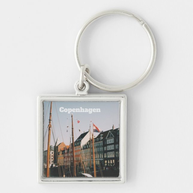 Den ikoniska Nyhavn, Köpenhamn, Danmark Fyrkantig Silverfärgad Nyckelring (Framsidan)