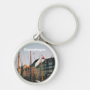 Den ikoniska Nyhavn, Köpenhamn, Danmark Rund Silverfärgad Nyckelring