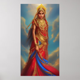 Den indiska kvinnan röd guld-klänningen smycken poster