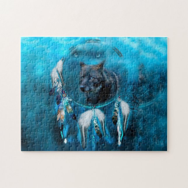 Den indiska vargens drömmare med etniska prydnadsf pussel (Horisontell)