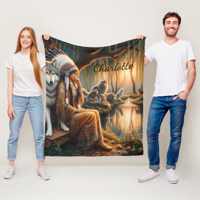 Den infödda kvinnan reflekterar av dusk sjö fleecefilt (På plats)