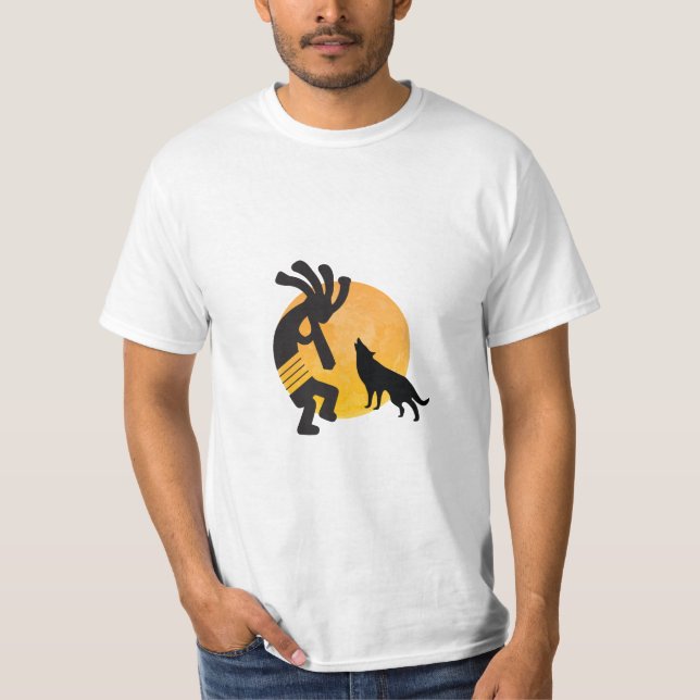 Den inhemska amerikanska Vargen Måne Kokopelli T-S T Shirt (Framsida)