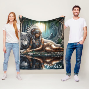 Den inhemska kvinnan delar ett ögonblick med varge fleecefilt