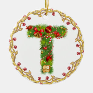 den initiala monogrammed julprydnaden för T - Julgransprydnad Keramik