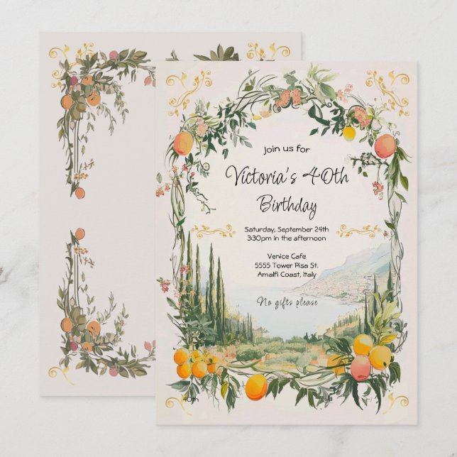 Den italienska Amalfi Coastal Lemon blommigt Birth Inbjudningar (Fram/baksida)
