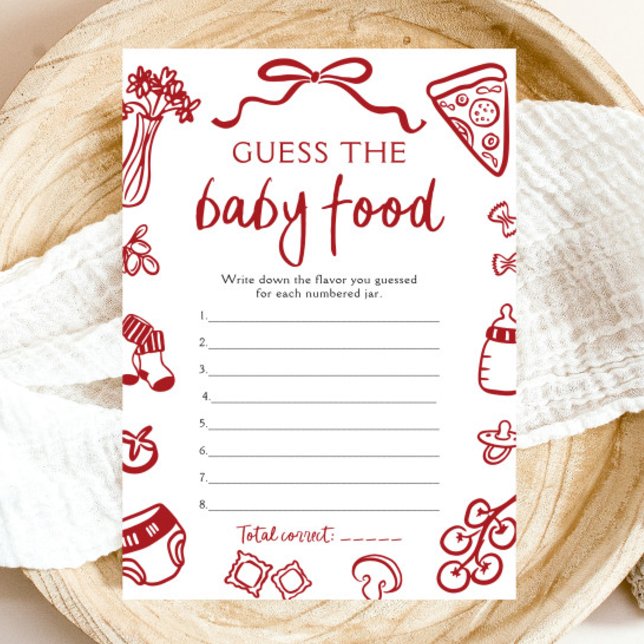 Den italienska babyskusen i hand plockade antar Ba Inbjudningar (Hand Drawn Italian Baby Shower Guess The Baby Food Game)