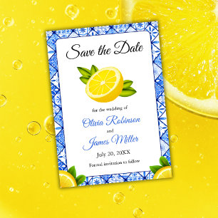 Den italienska blå plattan Lemon Bröllop Spara Datumet
