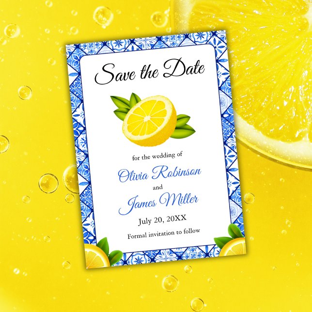 Den italienska blå plattan Lemon Bröllop Spara Datumet (Mediterranean Italian Blue Tile Lemon Wedding Save The Date )