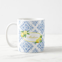 Den italienska Blommigten Lemon med eget namn, blå Kaffemugg