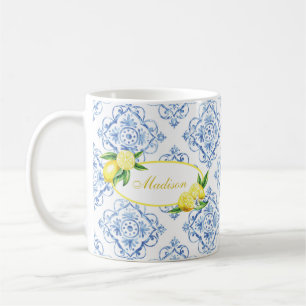 Den italienska Blommigten Lemon med eget namn, blå Kaffemugg