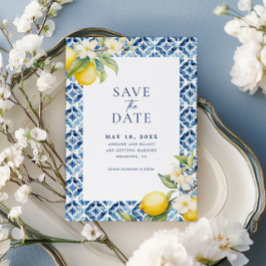 Den italienska citrus Lemon Blue Tile - spara datu Inbjudningar