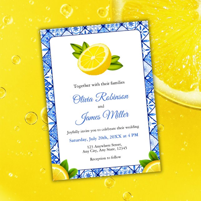 Den italienska Medelhavsblåplattan - Lemon Bröllop Inbjudningar (Mediterranean Italian Blue Tile - Lemon Wedding Invitation )