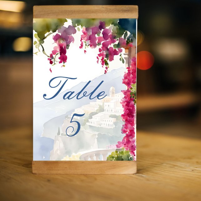 Den italienska möhippan Amalfi kusten Medelhavet Bordsnummer (Amalfi coast Mediterranean Italian themed bridal shower Table Number cards bougainvillea coast view )