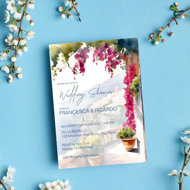 Den italienska möhippan Amalfi kusten Medelhavet Inbjudningar (Amalfi coast Mediterranean Italian wedding shower Invitation template digital download bougainvillea)