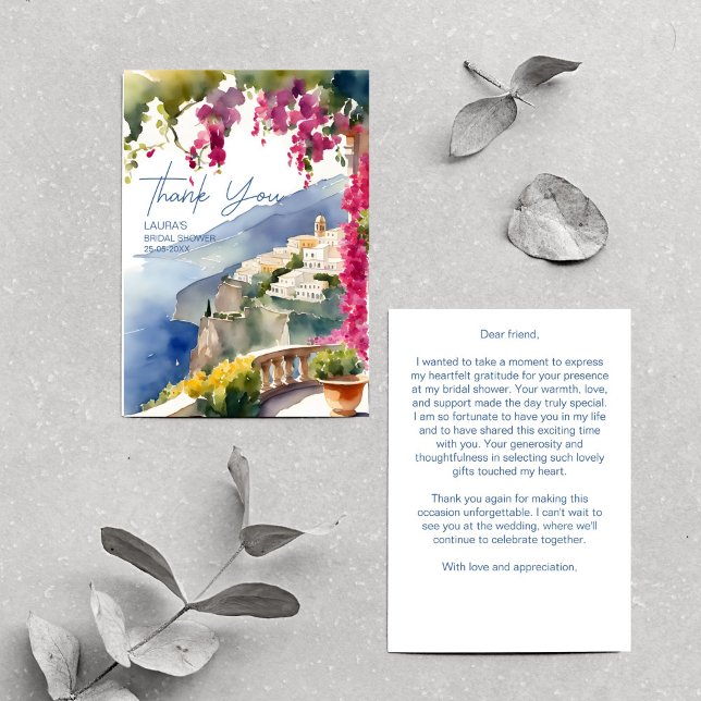 Den italienska möhippan Amalfi kusten Medelhavet Tack Kort (Amalfi coast Mediterranean Italian bridal shower Thank You Card Positano bridal shower thank you)