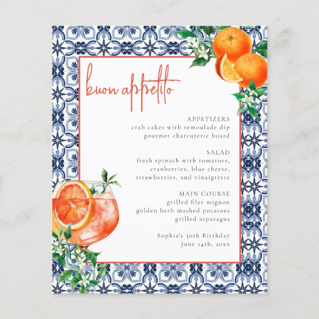 Den italienska Orangen Aperol Spritz Event Menu (Framsida)