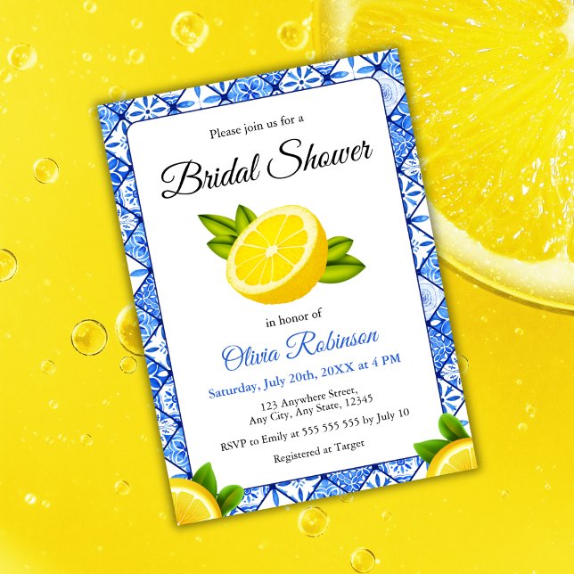 Den italienska plattan Lemon-Möhippan i Medelhavso Inbjudningar (Mediterranean Italian Blue Tile Lemon Bridal Shower Invitation  )