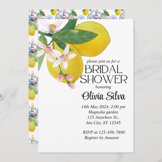 Den italienska tidningen Lemon Tile Bridalduschen  Inbjudningar (Fram/baksida)