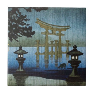 Den japanska aftonen regnar träklosskonst Ukiyo-e Kakelplatta