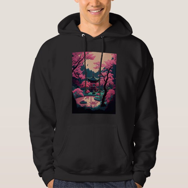 Den japanska Blommarna Cherry Shrine rosa Hoodie (Framsida)