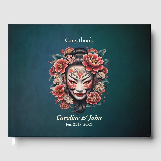 Den japanska masken är korkad med blommor. gästböcker (Framsida)